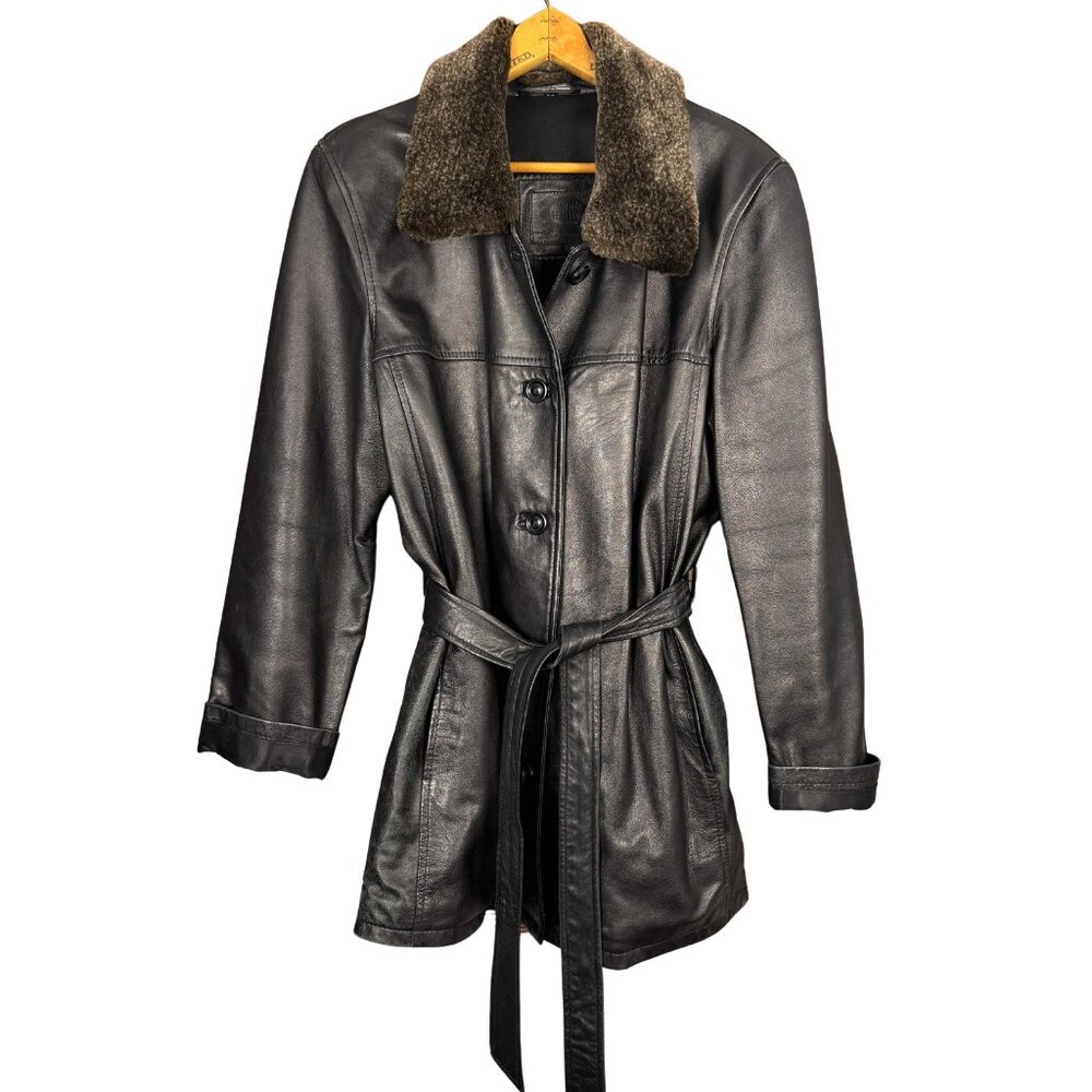 Vintage 90s Black Leather Belted Coat Removable Collar – The Olde Hide House